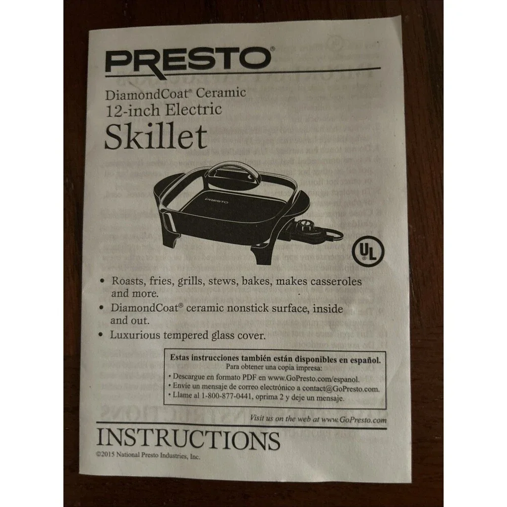 Presto Diamondcoat Ceramic 12 Inch Electric Skillet with Glass Cover NOS 2015